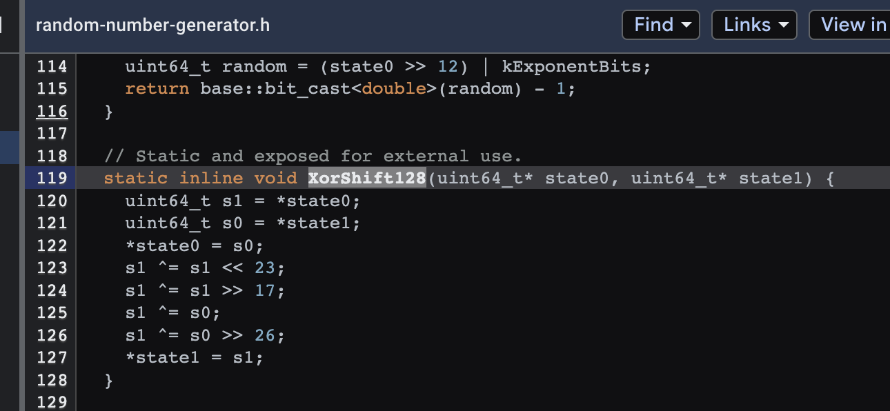 V8 kaynak kodundaki XorShift128+ implementasyonu